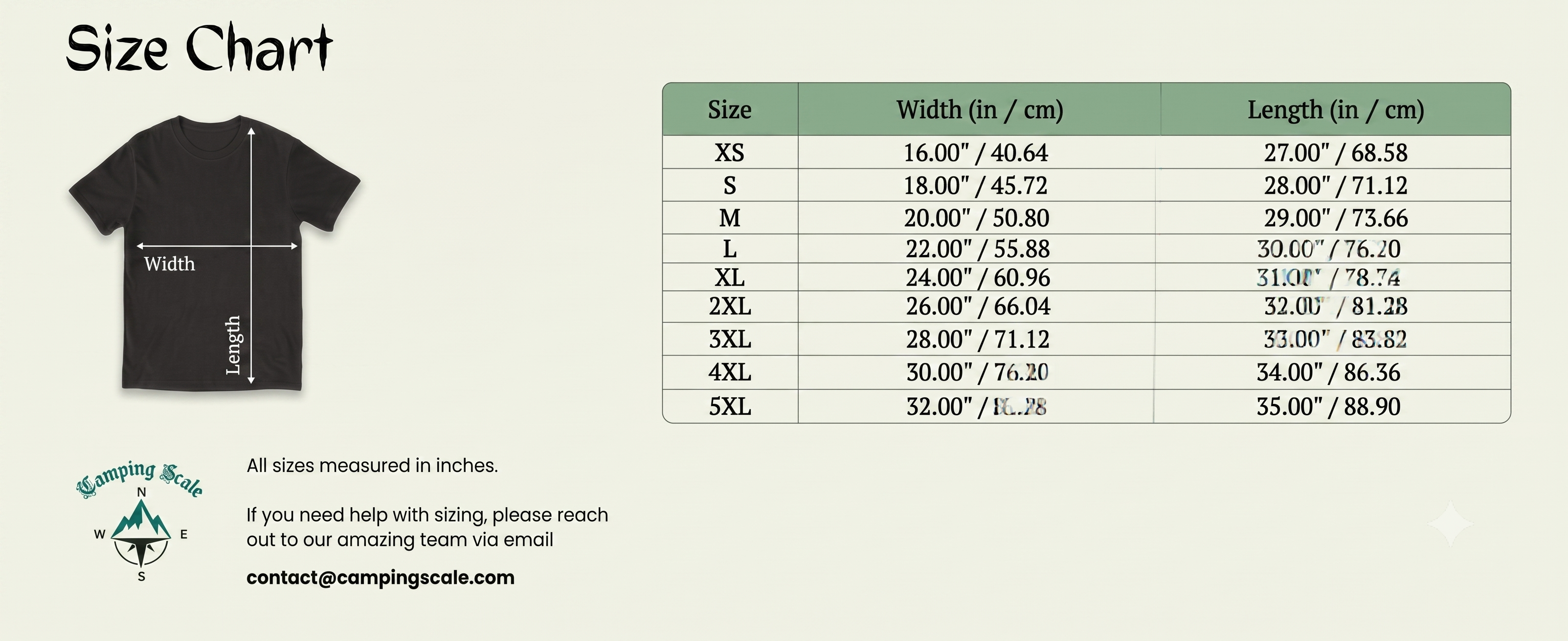Camping Scale unisex t-shirt size chart